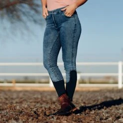 Horze Women's Delia Full Seat Denim Breeches - Lead Blue -Equestrian Riding Clothing 530652 800 800