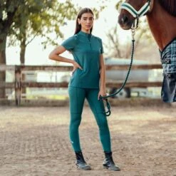 Horze Women's Mia Short Sleeved Training Shirt - Storm Green -Equestrian Riding Clothing 532027 800 800