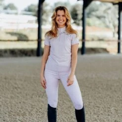 Horze Women's Kaitlin Short Sleeved Performance Shirt W/ Flower Print - Orchid Hush -Equestrian Riding Clothing 543349 800 800