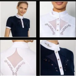Fair Play Women's Cathrine Rose Gold Short Sleeve Competition Shirt - Navy/White -Equestrian Riding Clothing 595602 800 800