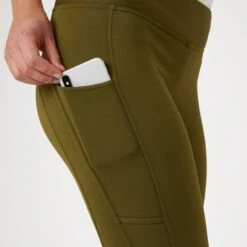 Horze Women's Active Winter Silicone Knee Patch Tights W/ Phone Pocket - Dark Olive -Equestrian Riding Clothing 601724 800 800