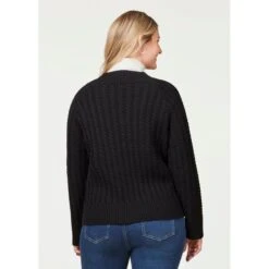 EQL Women's Brittany Cable Knit V-Neck Sweater - Black -Equestrian Riding Clothing 694380 800 800