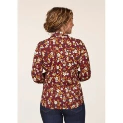 EQL Women's Ruched Button Front Long Sleeve Shirt - Sangria Snaffle Floral -Equestrian Riding Clothing 698682 800 800